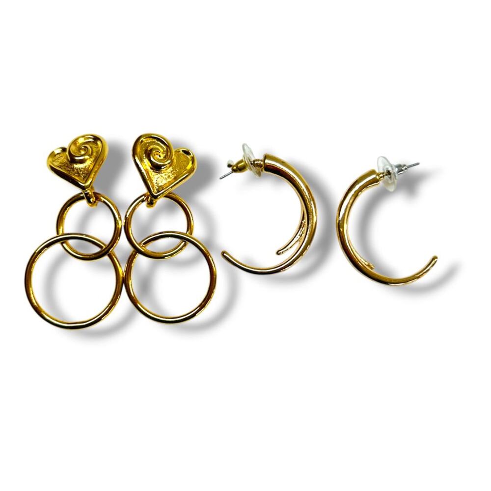 2 Pair of Goldtone Post Pierced Earrings‎ Avon Heart Circle Hoop 1.25-1.5" Drop